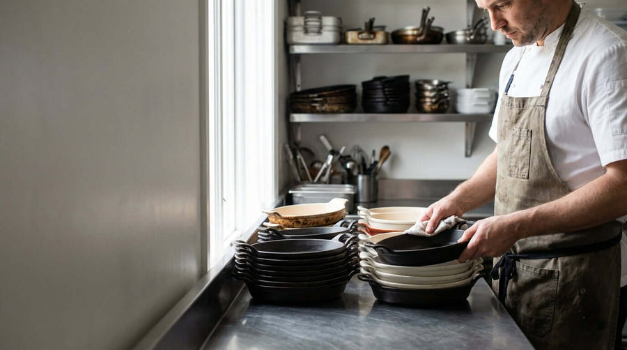 Chef stacking commercial au gratin oval dishes on stainless prep table in busy commercial kitchen