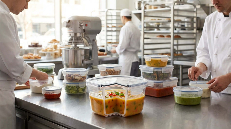 Say Goodbye to Spills: A Deep Dive into Leak-Proof Container Technology. chefs using leak-proof food containers in commercial kitchen prep