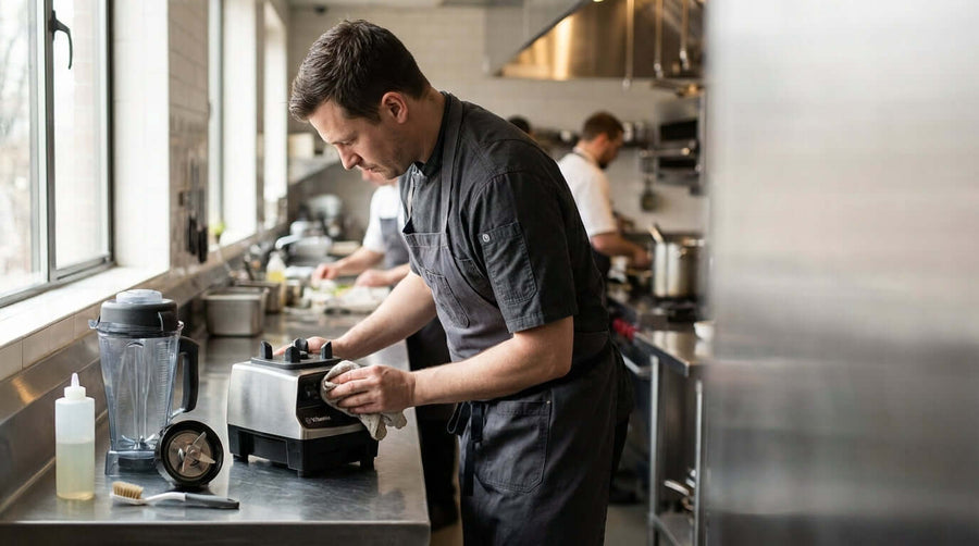 Alt Tag: Essential Maintenance: How to Extend Your Blenders Lifespan—chef cleaning and servicing a commercial blender in a professional kitchen