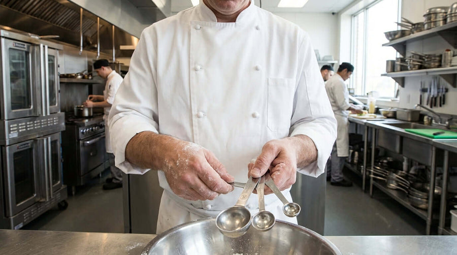 Alt Tag: Chef using NSF certified kitchen tools measuring spoons in commercial kitchen for accurate cooking and food safety