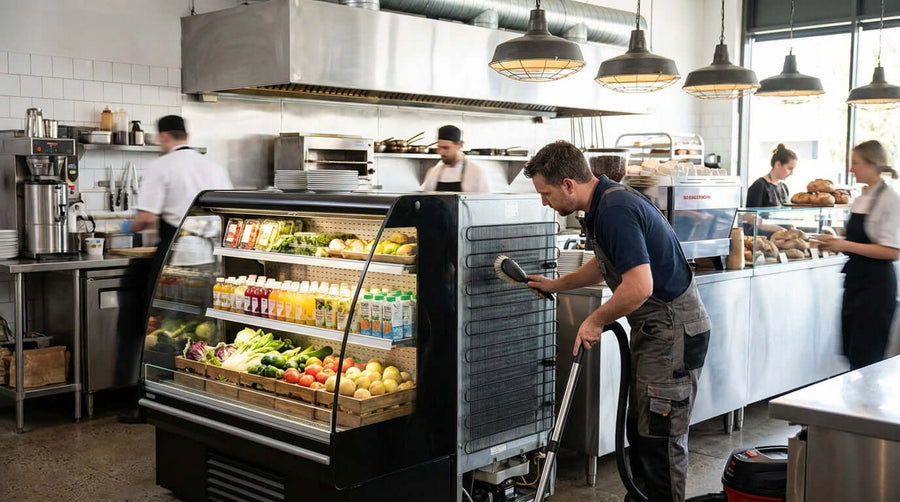 Essential Maintenance Tips to Keep Your Open Air Merchandiser Running Efficiently—technician cleaning grab-and-go refrigerated display in busy cafe