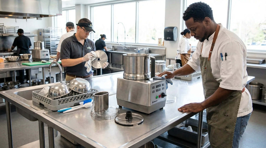 how to clean and maintain a commercial food processor in a commercial kitchen, chef wiping and sanitizing food processor on stainless steel table