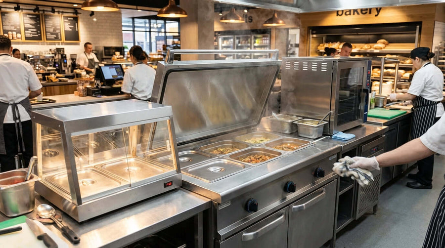 Keep it Hot & Hygienic: Essential Maintenance for Your Food Warmer in a commercial kitchen with countertop heated merchandiser and staff cleaning