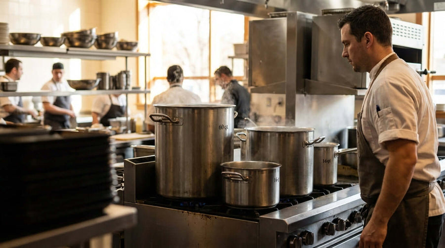 Chef in commercial kitchen with large stock pots on stove, restaurant stock pot size guide for choosing the right pot capacity