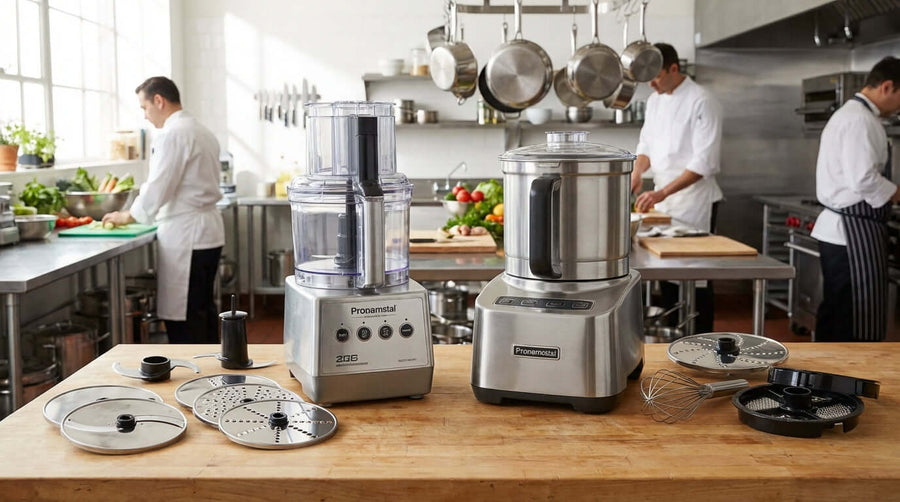 Robot Coupe vs Waring food processor discs and accessories displayed in a commercial kitchen prep area with chefs and slicing discs