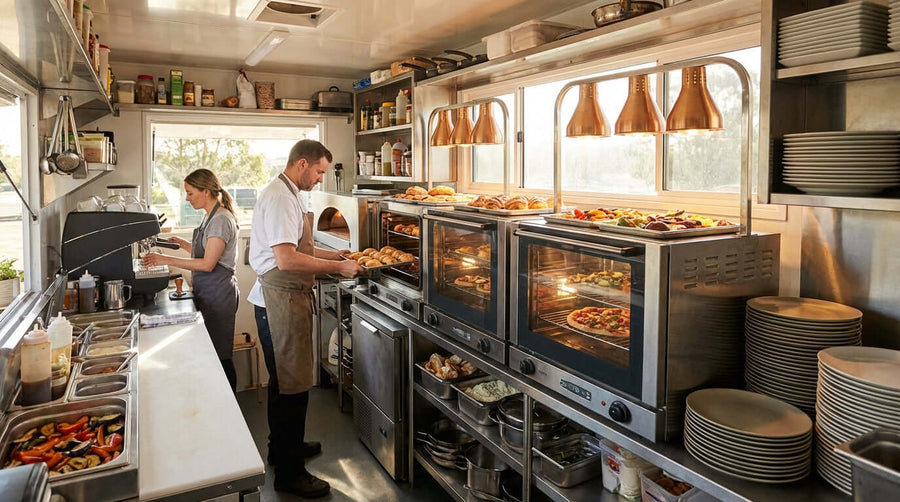 Alt Tag: Small Kitchen, Big Revenue: Best Countertop Ovens for Food Trucks & Cafes in busy food truck kitchen with chefs using countertop ovens