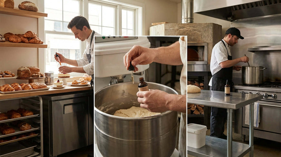 The Secret to Consistency: How Liquid Aromas Elevate Your Bakery - bakers add liquid aroma to dough in commercial kitchen for consistent flavor