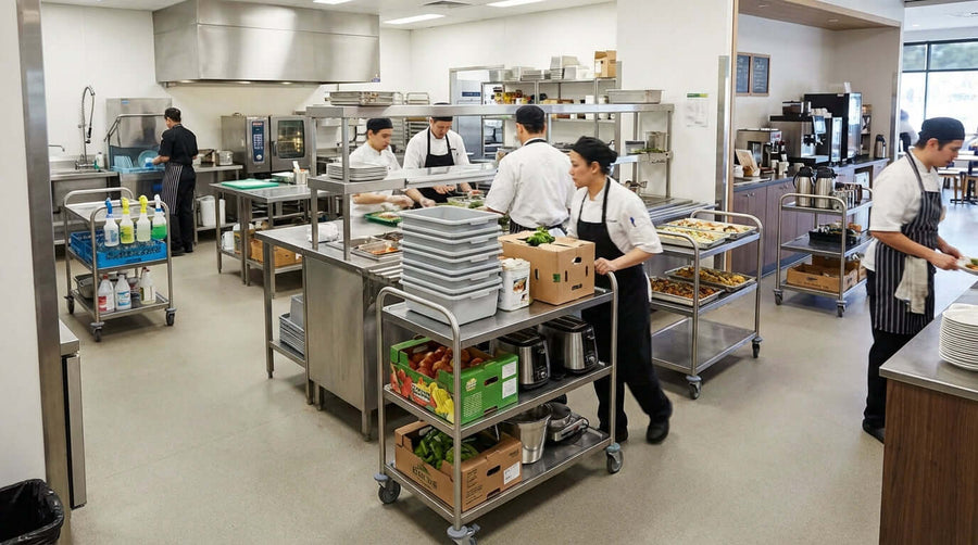 5 Ways Utility Carts Boost Productivity in Retail Environments in busy commercial kitchen staff using rolling utility carts for supplies