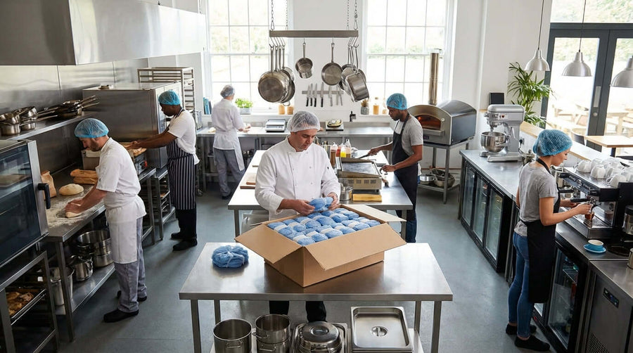 FDA approved hairnets bulk buying guide: food service staff wearing blue hairnets in commercial kitchen for hygiene and compliance