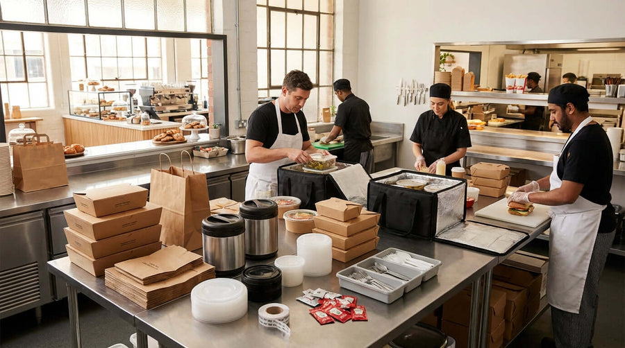 The Ultimate Checklist for Restaurant Takeout & Delivery Supplies: chefs packing takeout boxes and delivery bags in a commercial kitchen
