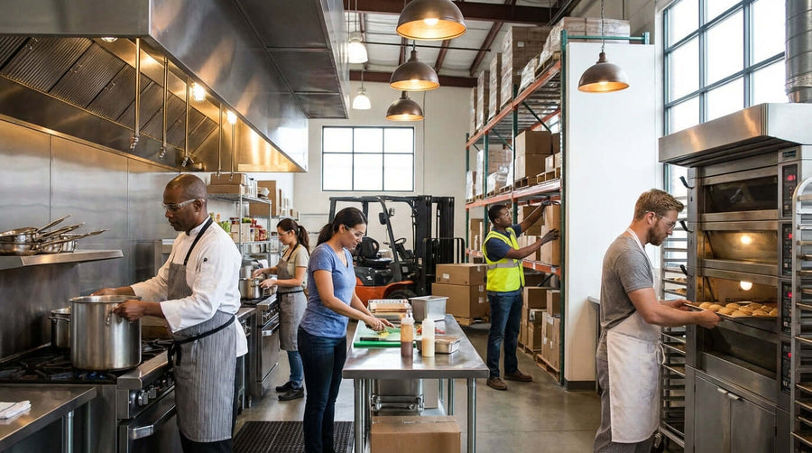 Beyond the Kitchen: Eye Protection for Merchandise Stocking and Warehouse Staff in busy warehouse kitchen with staff stocking shelves and handling equipment