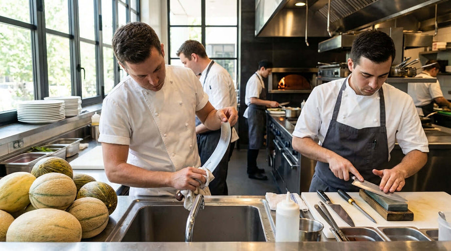 Keep Your Edge: How to Properly Clean, Sharpen, and Maintain Your Melon Knife in busy commercial kitchen sharpening knives beside melons