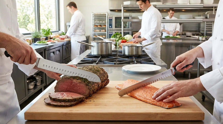 Granton vs. Hollow Edge: Which Slicing Knife is Best for Your Kitchen? chefs carving brisket and slicing salmon with slicing knives
