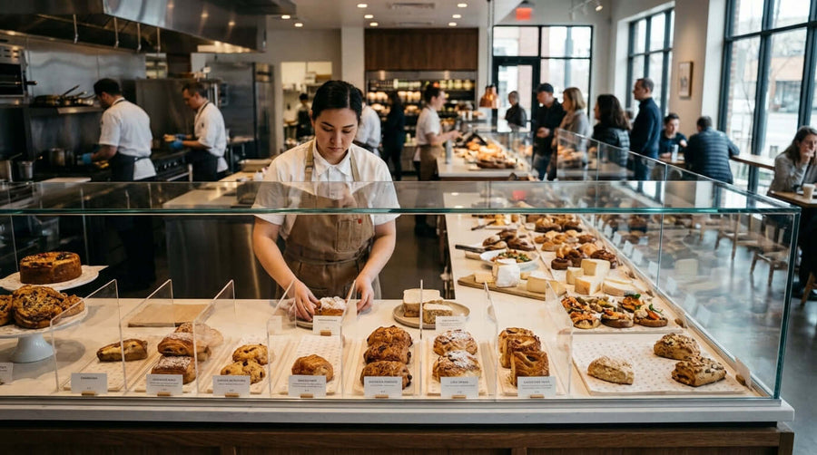 The Psychology of a Clean Display: How Liners and Dividers Build Customer Trust in a bakery pastry case with neat, organized trays