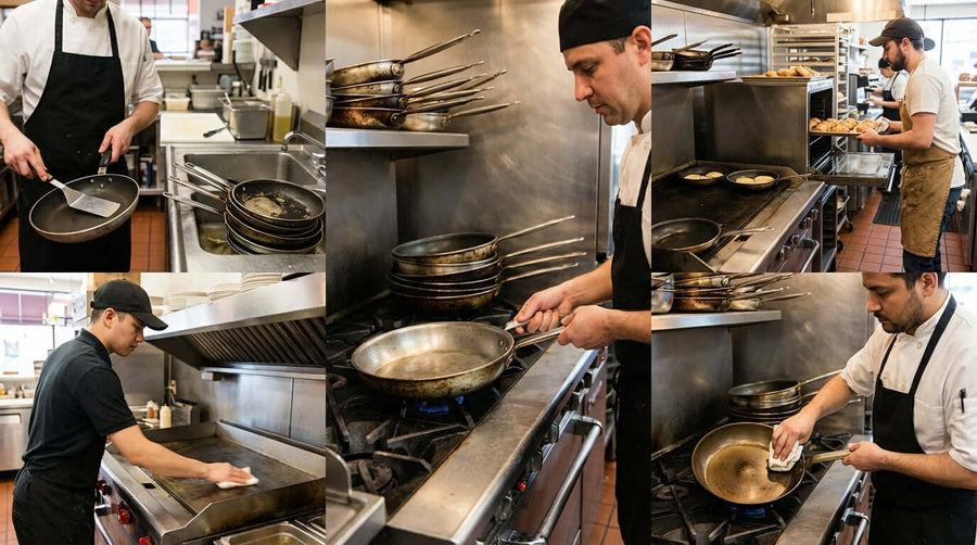 5 Common Mistakes That Are Ruining Your Professional Fry Pans (And How to Fix Them) chefs cooking and cleaning fry pans on gas range