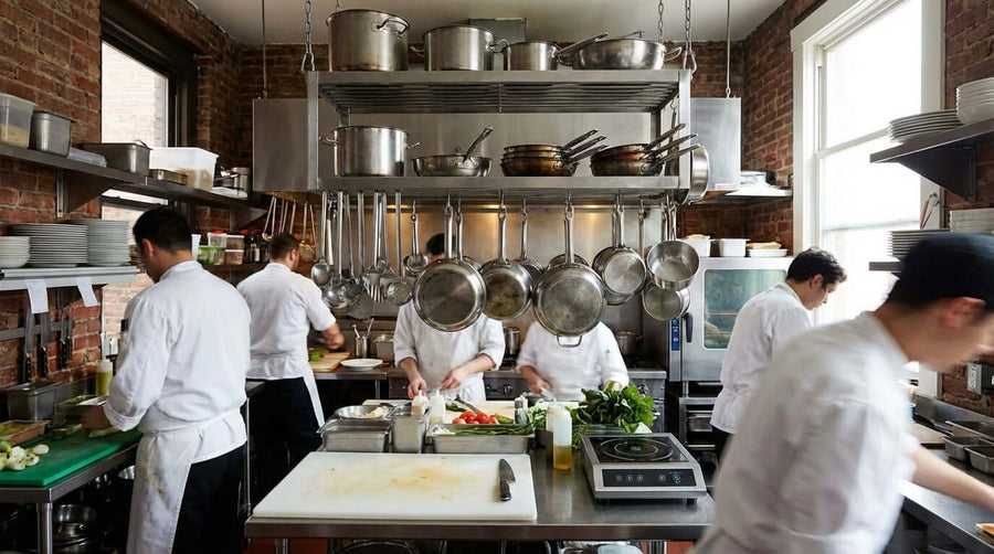 Maximizing Small Kitchens: How Pan Racks Create Space and Efficiency with overhead pan rack storage in a busy commercial kitchen