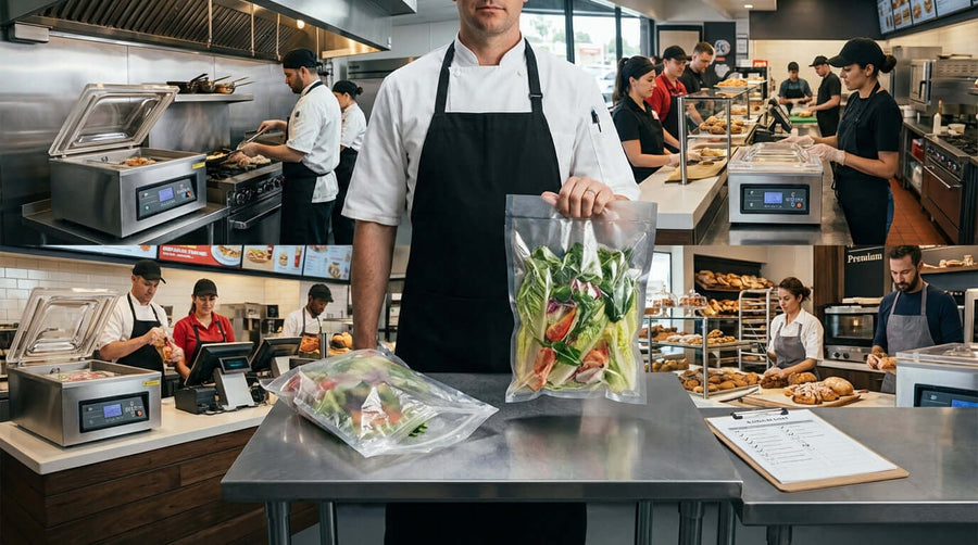 Alt Tag: The ROI of Quality: How Investing in Better Vacuum Bags Saves You Money—chef using vacuum sealer bags in busy commercial kitchen