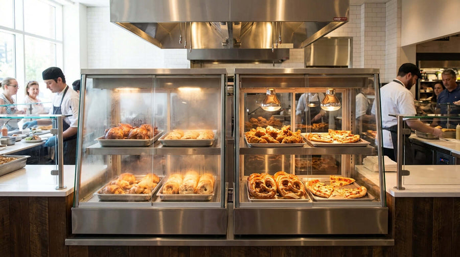 humidified vs dry heat countertop heated merchandiser display case holding fried chicken, pastries and pizza in a busy commercial kitchen