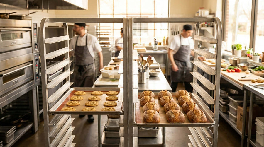 Alt Tag: Half-Sheet vs. Full-Sheet: Choosing the Right Baking Mat for Your Ovens in commercial bakery kitchen with sheet pans and cooling racks