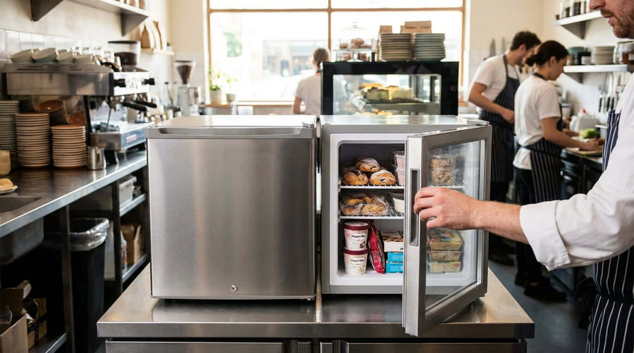 Solid Door vs. Glass Door: Which Countertop Freezer is Right for You? chef opening glass-door countertop freezer in commercial kitchen