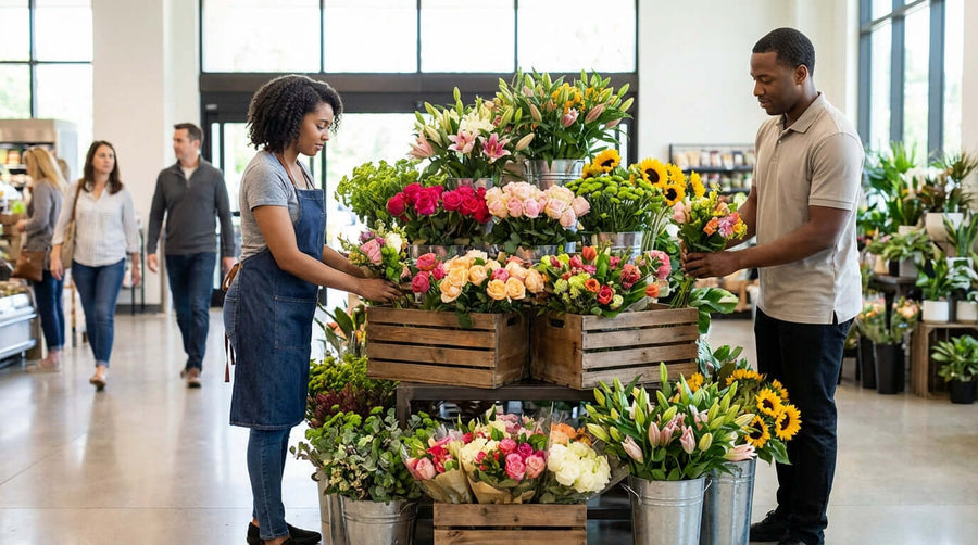 Strategic floral merchandising for impulse buys display with staff arranging colorful bouquets at grocery store entrance