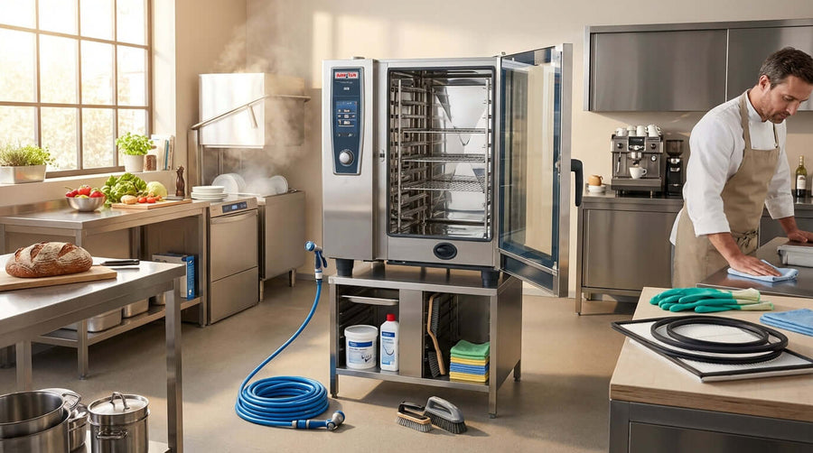 Alt Tag: Keep it Clean: The Ultimate Guide to Combi Oven Cleaning & Maintenance Accessories in commercial kitchen with open combi oven