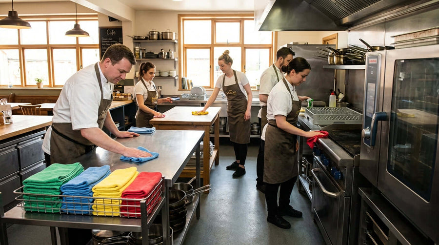 The Ultimate Guide to Color-Coded Microfiber Cleaning in Your Restaurant: staff using color-coded microfiber cloths to sanitize a busy commercial kitchen