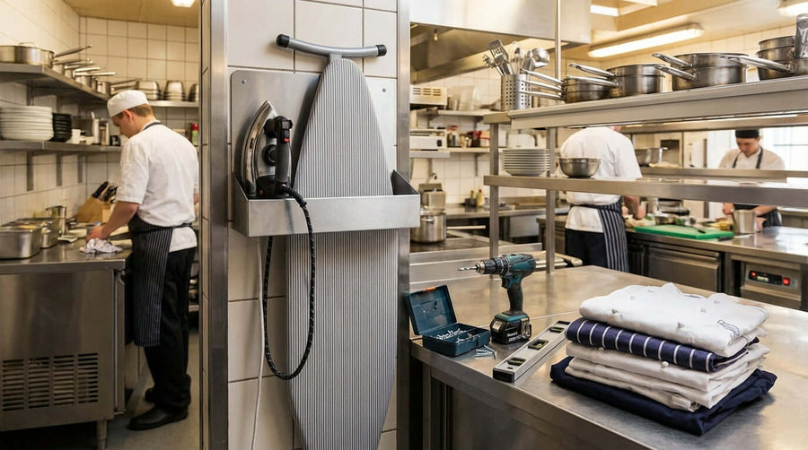 Commercial kitchen staff area showing how to install a wall-mounted ironing caddy with iron and folded linens on stainless counter