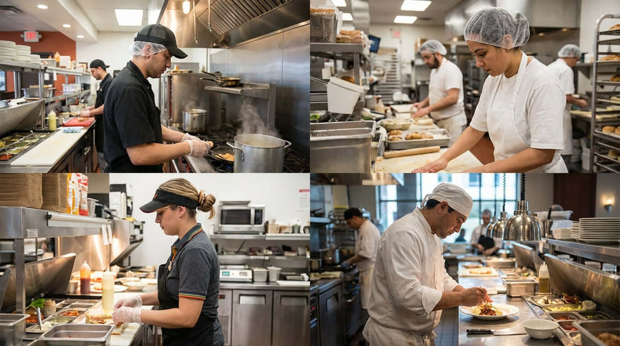 HACCP compliance hair restraints in commercial kitchen staff wearing hairnets and caps while preparing food on prep lines