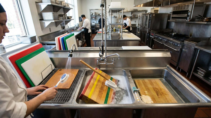 How to Properly Clean and Sanitize Your Cutting Boards to NSF Standards in a commercial kitchen sink with color-coded boards and scrubbing brush