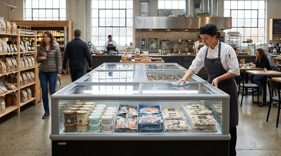 Keep it Cool: Essential Maintenance Tips for Your Island Display Freezer - staff cleaning island display freezer in busy grocery store