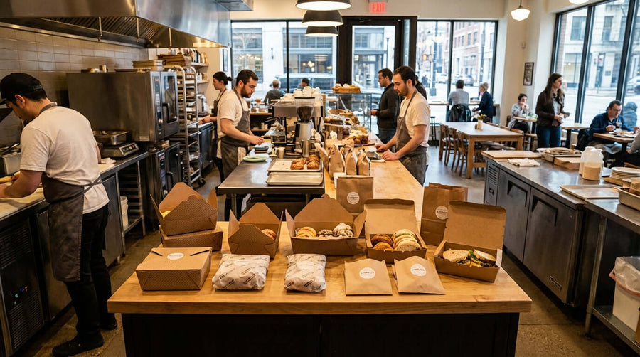 Restaurant staff preparing takeout orders with custom branded restaurant packaging boxes and bags on a kitchen prep table
