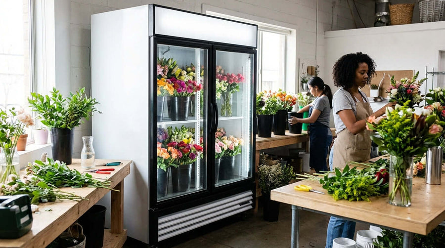 floral refrigerator for florists in a busy flower shop, glass-door cooler stocked with fresh bouquets while florists arrange flowers