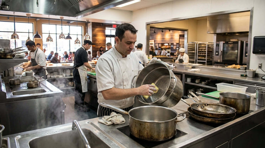 Chef cleaning double boiler in busy restaurant kitchen, double boiler care and maintenance for commercial kitchens to extend cookware life