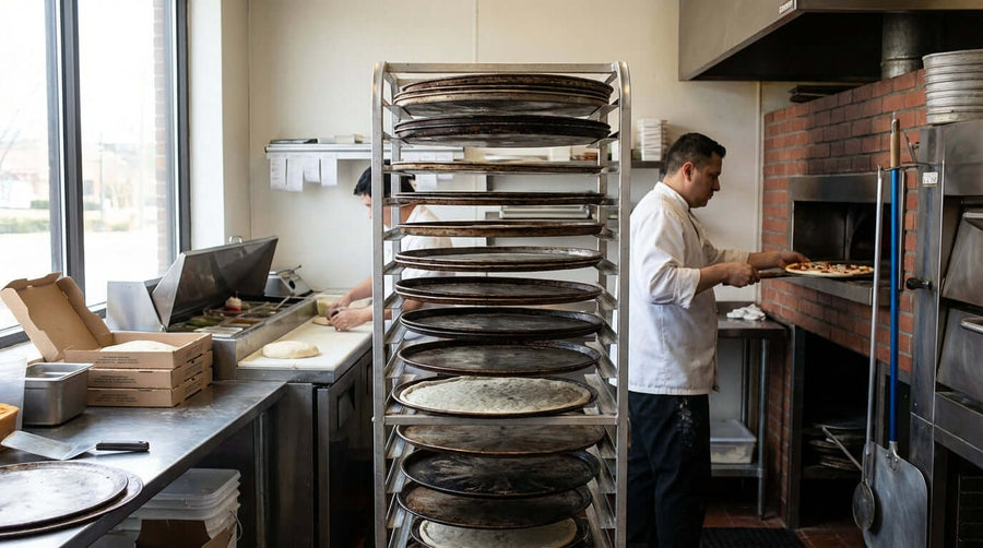 How to Choose the Right Pizza Pan Rack for Your Restaurant - tall pizza pan rack with stacked trays in busy restaurant kitchen
