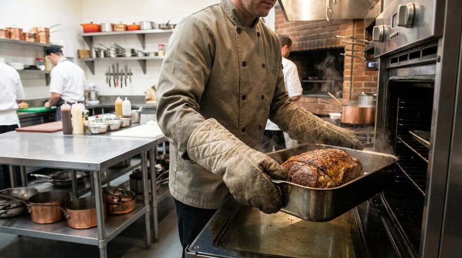 Understanding Heat Ratings: Are Your Pot Holders Safe Enough? chef using quilted pot holders to remove hot roast from oven
