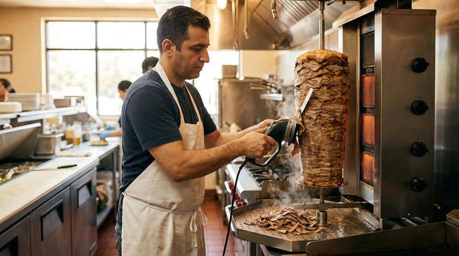 Master the Cut: Pro Tips for Perfect Slicing with an Electric Gyro Cutter chef slicing gyro meat on vertical rotisserie in restaurant kitchen