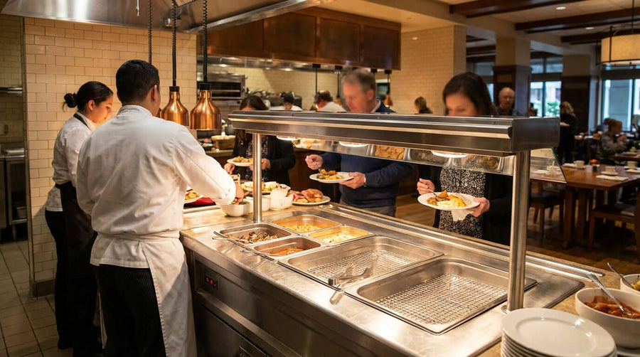 Hotel buffet line with hot food trays and servers, showcasing buffet adapter bars and false bottoms for efficient service