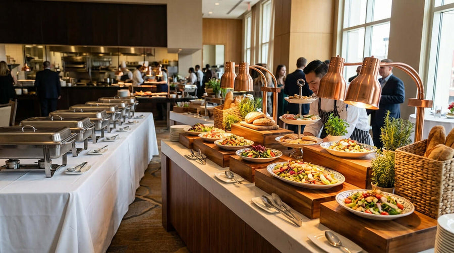 buffet table accessories on hotel breakfast buffet with chafing dishes, wooden risers, serving platters, and copper heat lamps