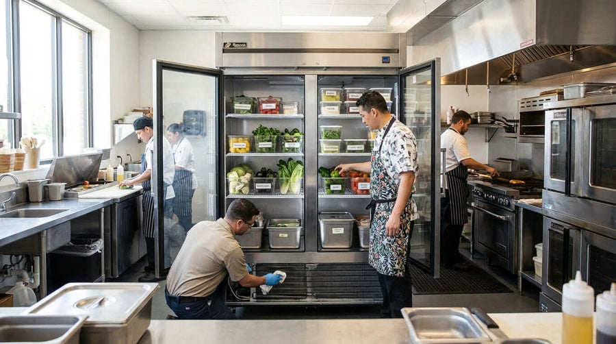 5 Essential Maintenance Tips to Extend the Life of Your Commercial Refrigerator in a busy commercial kitchen with staff cleaning a solid door fridge