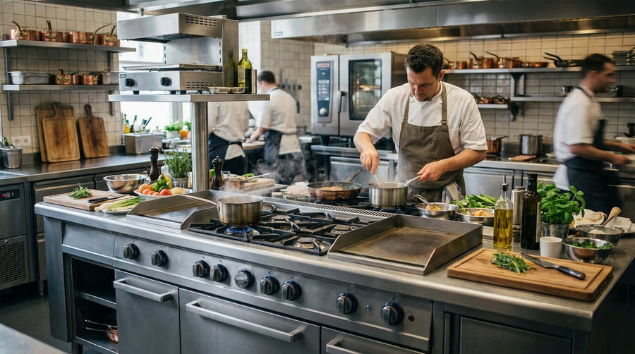 Top 5 Features to Look For in a Modern Natural Gas Range in a commercial restaurant kitchen with chef cooking on professional gas range