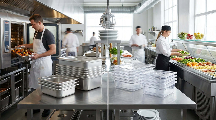 Commercial kitchen prep with stainless steel vs polycarbonate hotel pans stacked on worktables
