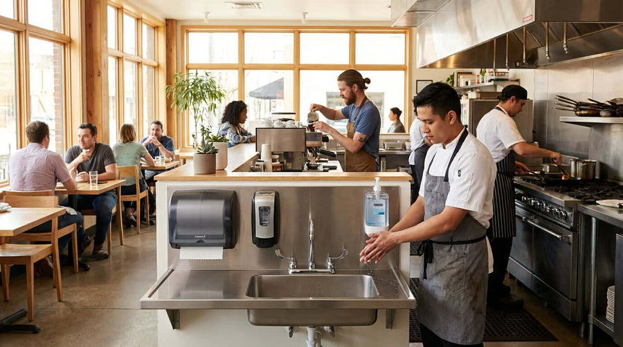 More Than Clean Hands: How Visible Hygiene Stations Boost Customer Confidence and Sales—restaurant staff using visible handwashing station near open kitchen