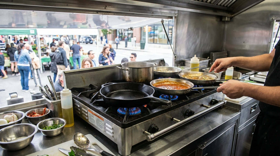 Powering Your Profit: Why Every Food Truck Needs a Propane Hot Plate - chef cooking on propane burners inside busy food truck kitchen