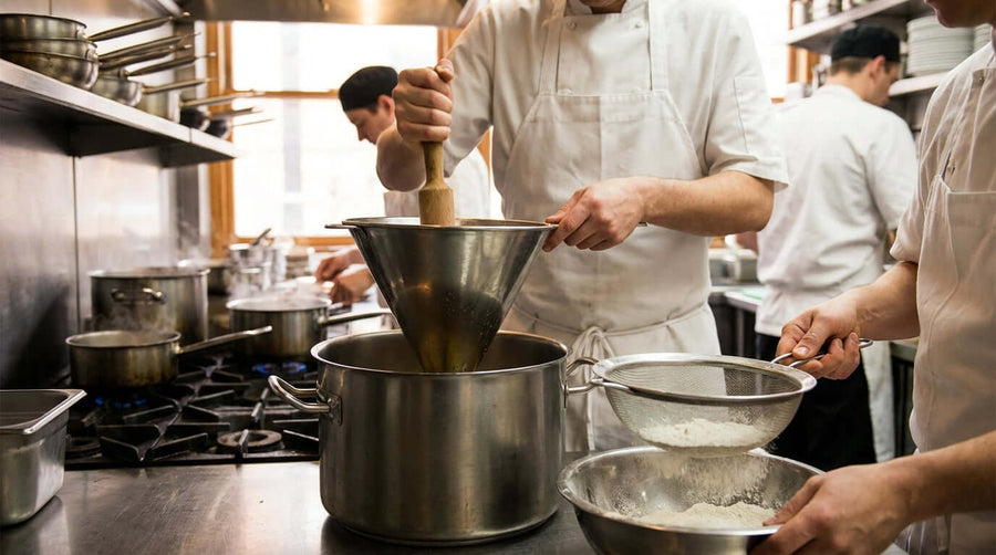 Chinois vs. Fine Mesh Sieve: Which is Best for Your Professional Kitchen? chef straining sauce with chinois and fine mesh sieve in restaurant kitchen