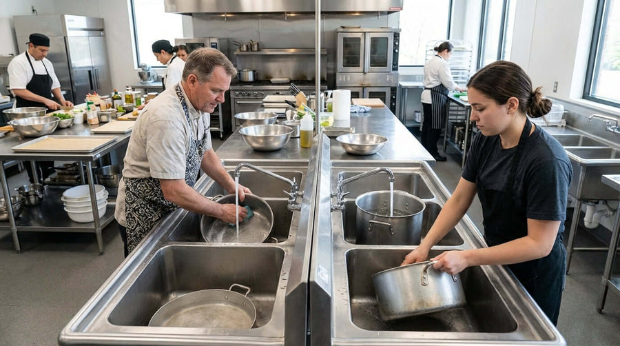 Alt Tag: Staff washing pots in commercial kitchen 4-compartment sink health code compliance training at stainless steel sink station