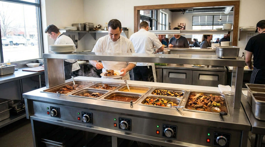 Alt Tag: The Ultimate Buyers Guide to Commercial Electric Steam Tables in restaurant kitchen buffet line holding food at safe serving temperature