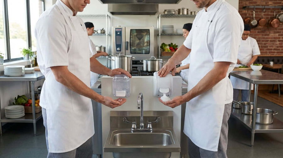 Alt Tag: Gel vs. Foam Sanitizer: Which is the Right Choice for Your Food Service Business? chefs refill sanitizer dispensers at commercial kitchen sink