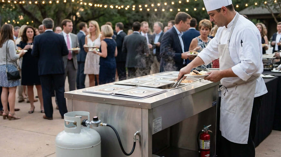 Alt Tag: Chef using propane-powered steam table at outdoor event, liquid propane steam table safety checklist for safe hot food service