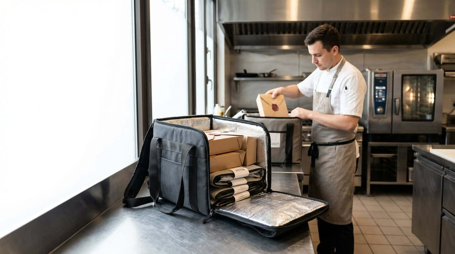 Chef packs takeout boxes into insulated delivery bag in commercial kitchen, Beyond the Bag: How High-Quality Delivery Gear Boosts Your Restaurants Brand